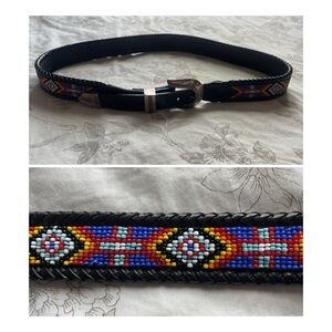 Vintage Western Black Woven Leather Beaded Belt 36 Rodeo Southwestern Aztec Boho